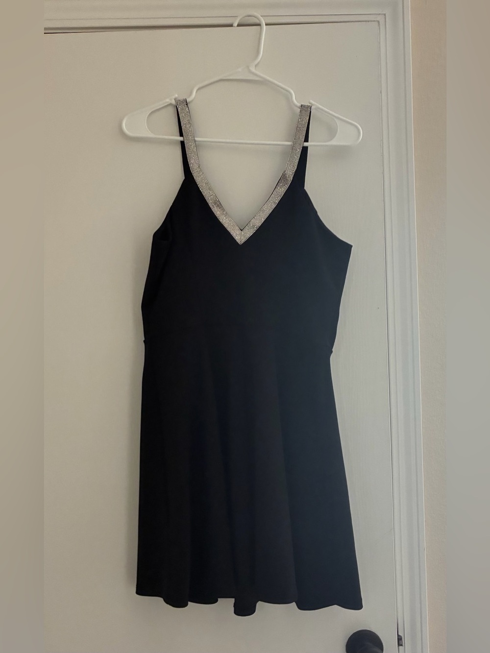 by & by Black Mini Dress with Silver Rhinestone-Trim V-Neck